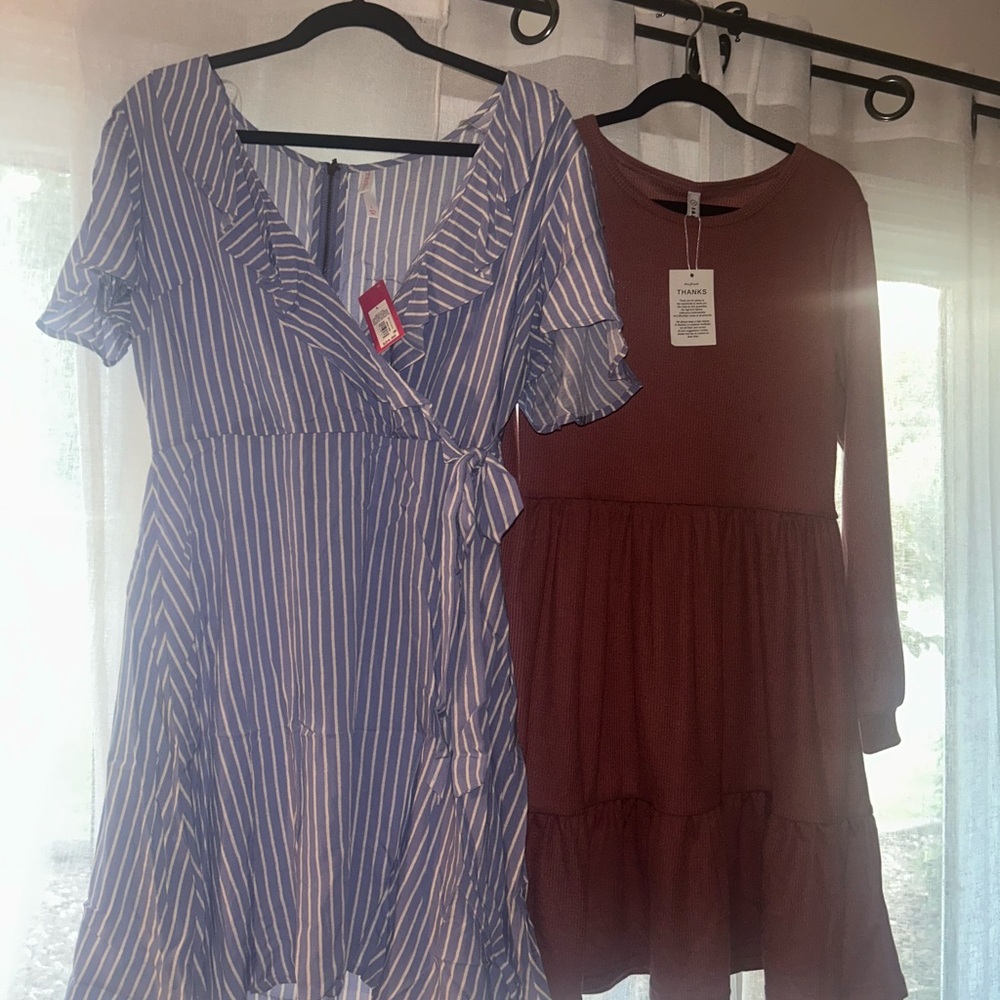 Striped Blue Wrap Dress and Brown Long Sleeve Dress